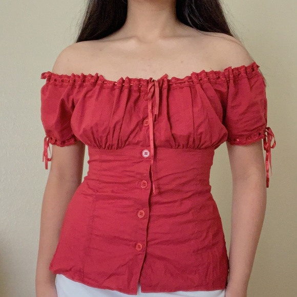 red ribbon milkmaid button up❤️ - Picture 1 of 3